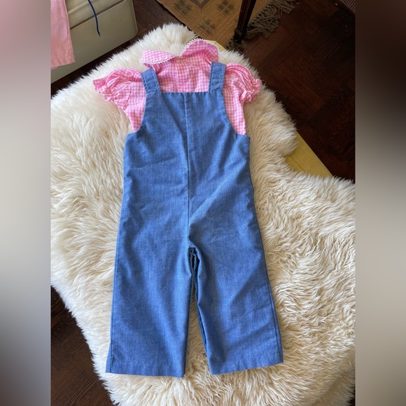 80s vintage 2 piece set overalls and short sleeved gingham top Peter pan collar - Picture 2 of 6